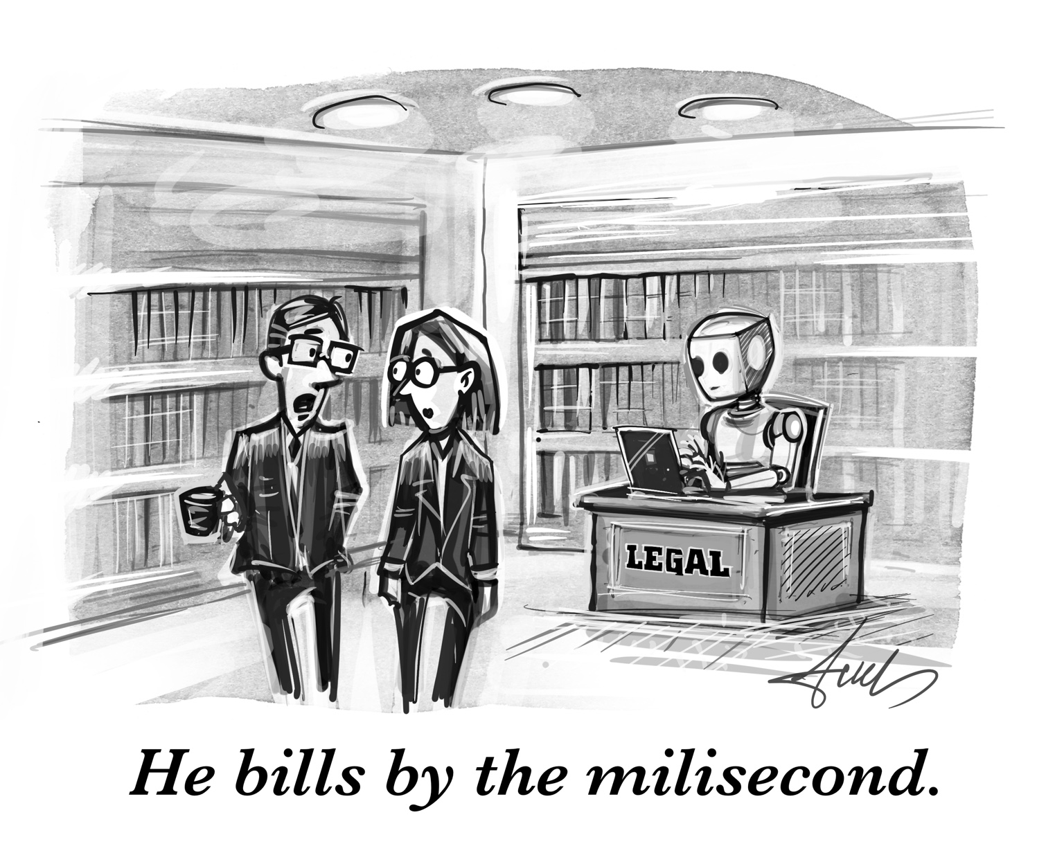 Robot working at the legal desk in a law office