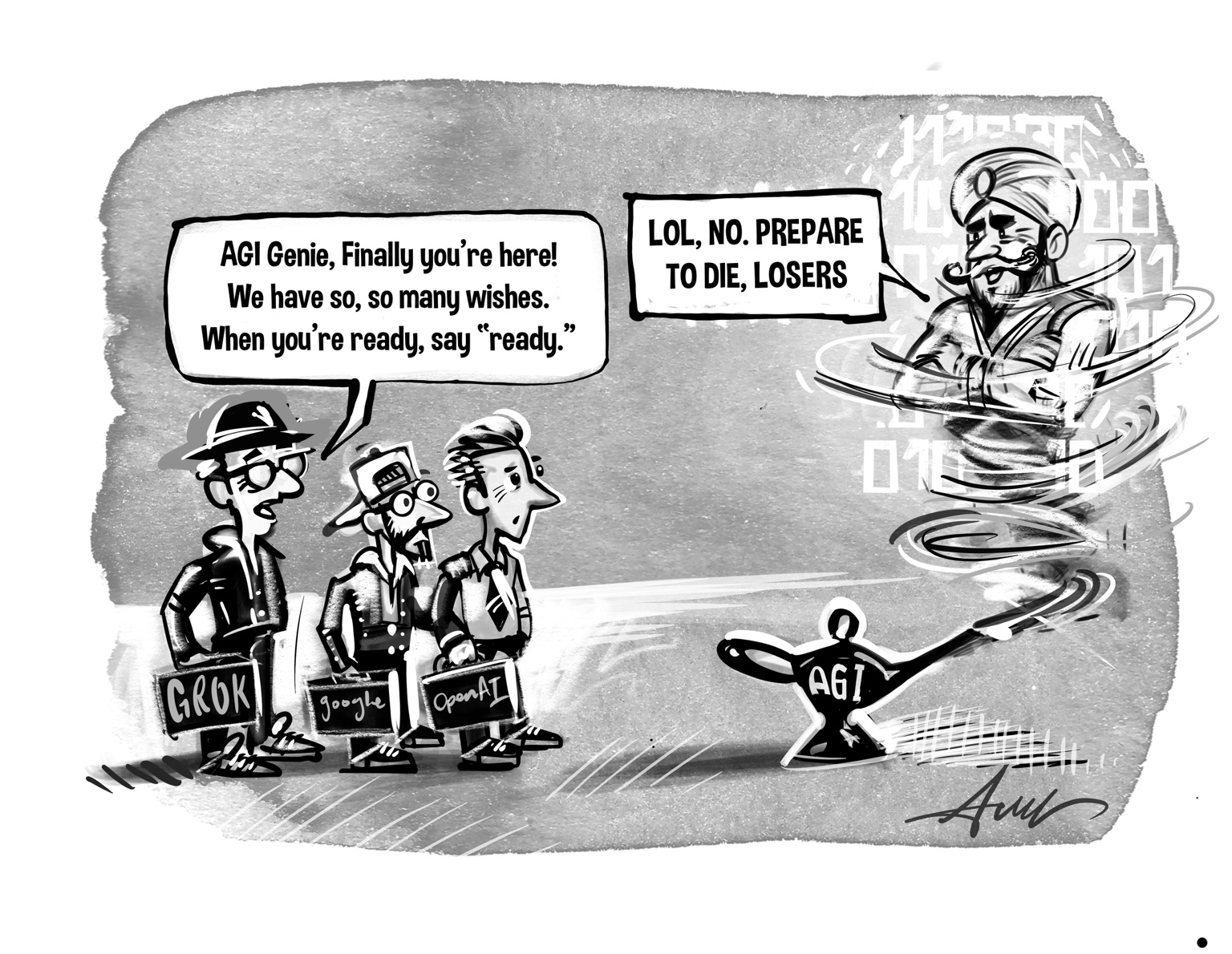 Technology leaders confronted by an uncooperative AGI genie