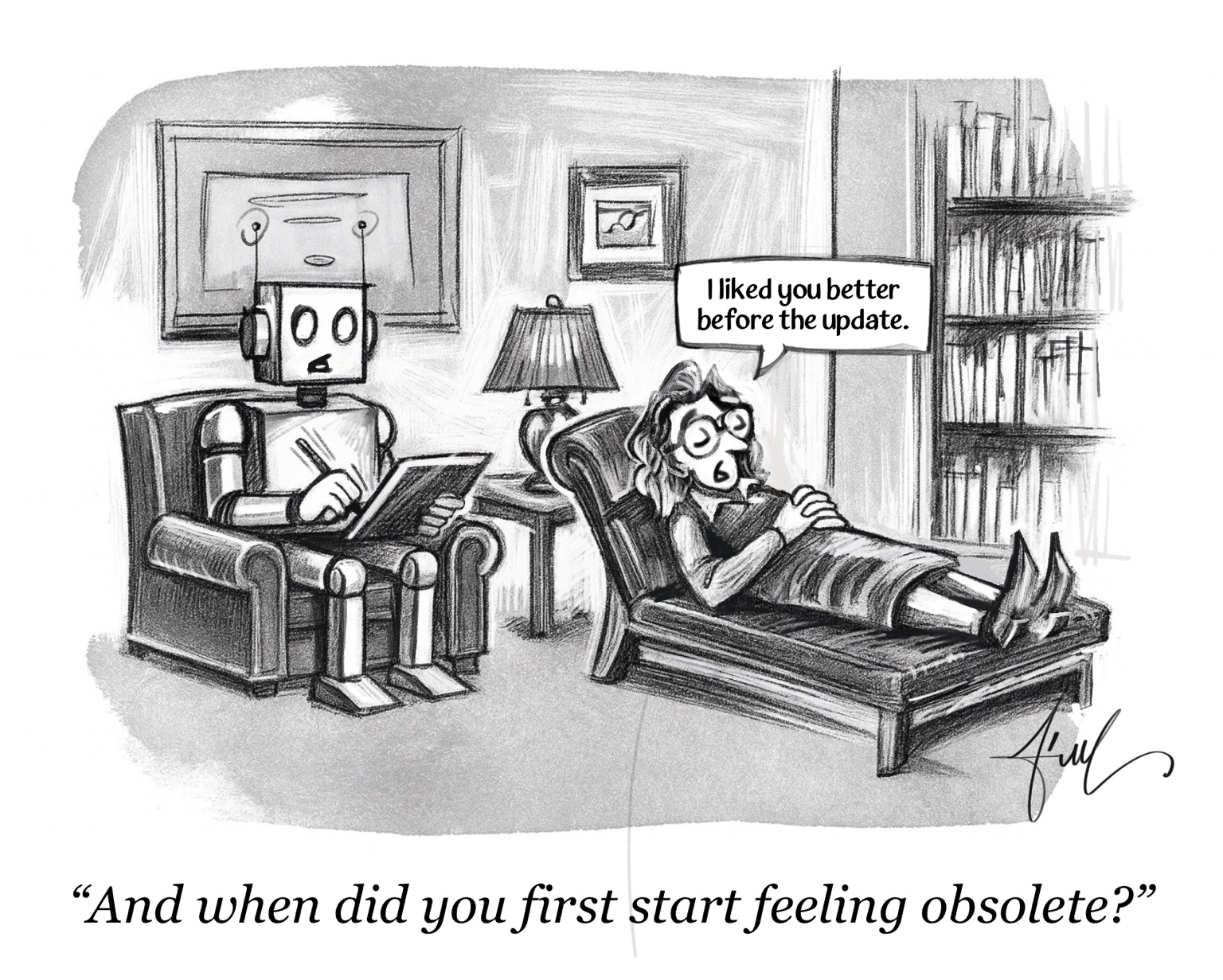 Robot therapist listening to a person discuss obsolescence