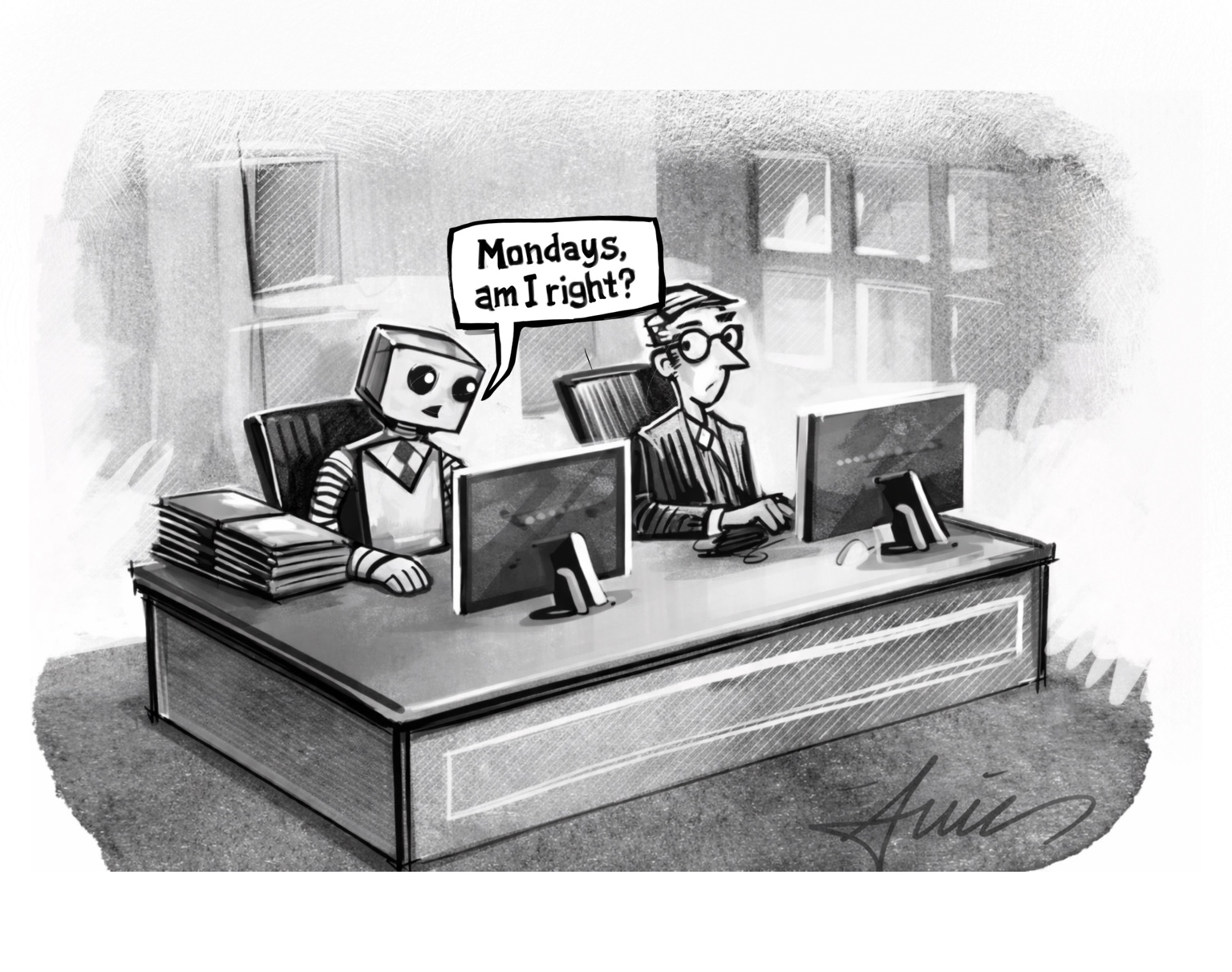 Robot asking a human coworker about Mondays