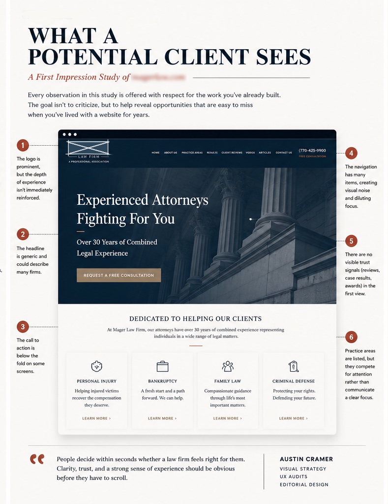Annotated law firm homepage explaining what a potential client sees